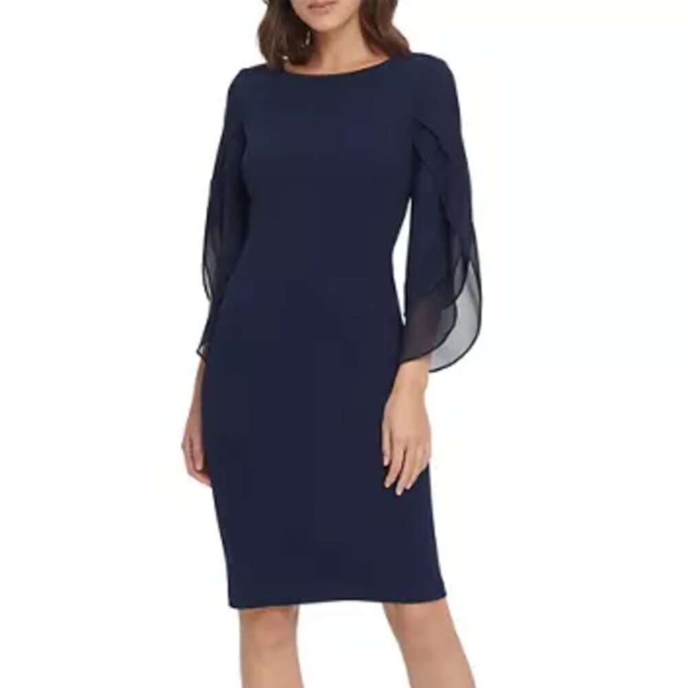 DKNY Navy Blue Split Sleeve Solid Sheath Dress
